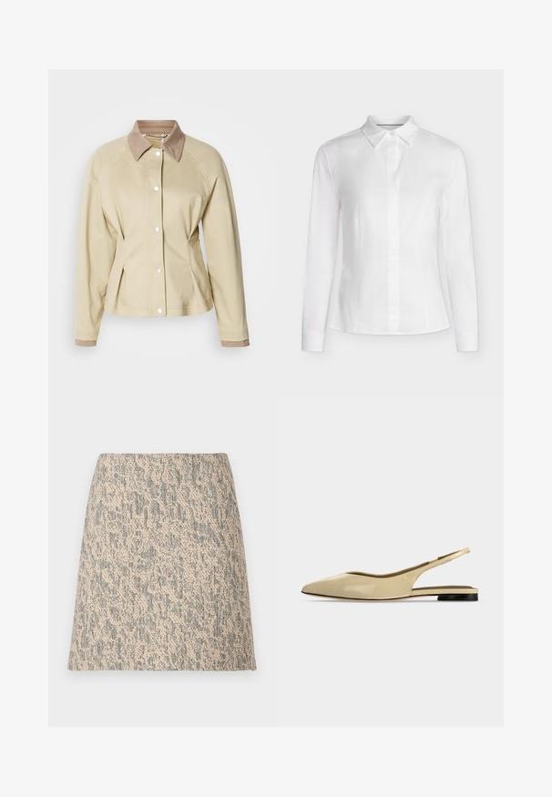 Beige jas met een contrasterende tan kleur kraag, drukknopen sluiting en raglan mouwen. Heeft een getailleerd ontwerp en een gladde textuur.; Witte getailleerde blouse met lange mouwen, puntkraag, knopen aan de voorkant en getailleerde naden, weergegeven op een effen achtergrond.; Beige en grijs gestructureerde geweven stoffen minirok met een A-lijn vorm en een subtiel onregelmatig patroon.; Beige platte slingback schoen met puntige neus, lage zwarte hak en een glad leren afwerking, zijaanzicht op een effen achtergrond.