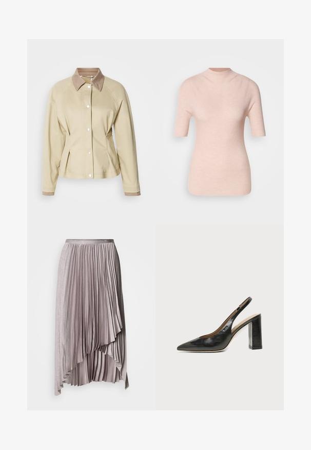 Veste beige avec un col tan contrastant, fermeture à boutons-pression et manches raglan. Présente un design ajusté et une texture lisse.; Haut rose clair à manches courtes avec un col montant, présentant un motif côtelé texturé sur un fond neutre.; Jupe plissée asymétrique mauve clair avec ceinture en satin et ourlet en cascade superposé, sur fond uni.; Chaussure slingback en cuir noir à bout pointu avec un talon bloc haut et une doublure intérieure beige sur un fond clair uni.