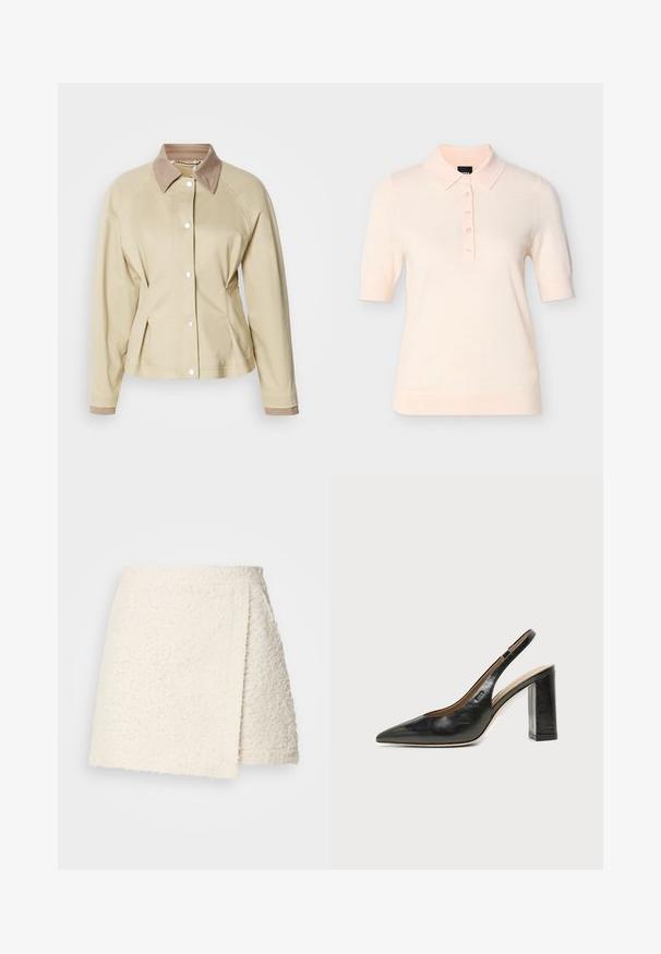 Beige jas met een contrasterende tan kleur kraag, drukknopen sluiting en raglan mouwen. Heeft een getailleerd ontwerp en een gladde textuur.; Lichtroze poloshirt met korte mouwen, een klassieke kraag, een knoopsluiting met vijf knopen en een fijne gebreide textuur. Eenvoudig en minimalistisch ontwerp.; Crèmekleurige mini-rok van gestructureerde stof met een asymmetrische overslag aan de voorkant en een rechte tailleband op een effen achtergrond.; Zwarte leren slingback schoen met spits toelopend neusje, hoge blokhak en beige binnenvoering tegen een effen lichte achtergrond.
