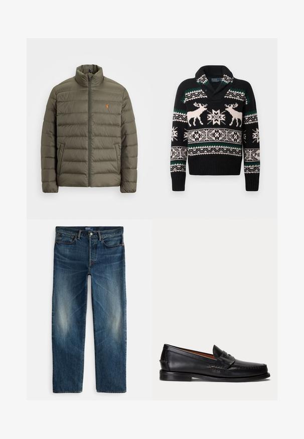 Olivgrüne Pufferjacke, Reißverschluss vorne, hoher Kragen, horizontales Steppmuster, Taschen auf der linken Seite, kleines oranges Logo auf der Brust.; Schwarzer Strickpullover mit weißen und grünen nordischen Mustern, der zwei weiße Rentiere und geometrische Schneeflockendesigns auf der Brust und den Ärmeln zeigt.; Indigoblaue Denim-Jeans mit geradem Bein, Fünf-Taschen-Design und subtilen Verblassungen an den Oberschenkeln. Metallknopf- und Reißverschlussverschluss.; Schwarzer Lederloafer mit niedrigem Absatz und Pennyriemendetail, von der Seite auf hellgrauem Hintergrund gezeigt.