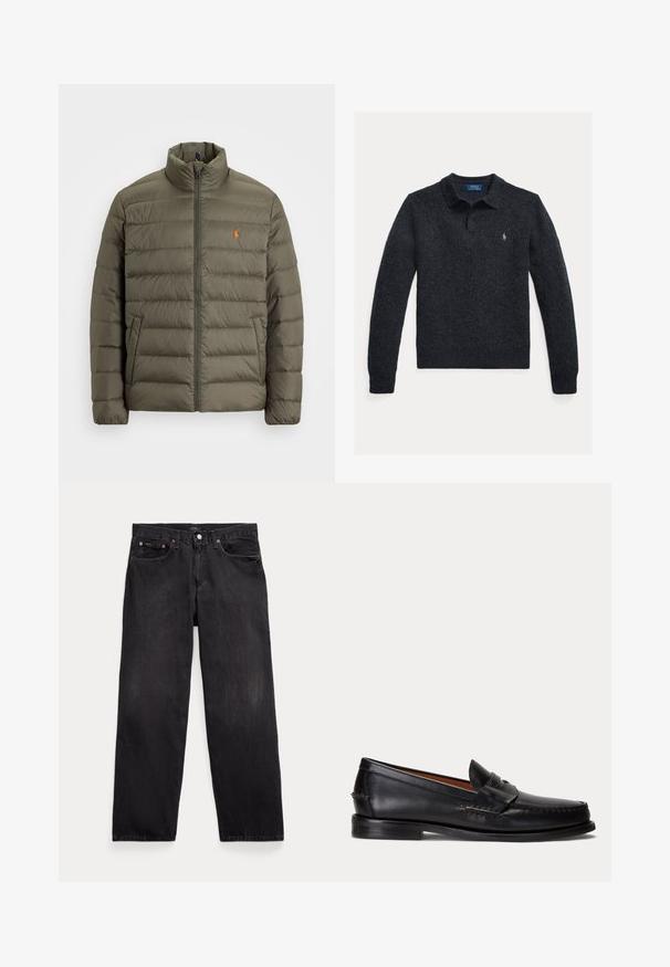 Olivegrøn pufferjakke, lynlås foran, højt krave, horisontalt quiltet mønster, lomme på venstre side, lille orange logo på brystet.; Strikket mørkegrå sweater med polo-krave, lange ærmer, tre-knaps lukning og lille broderet logo på brystet.; Sorte denim jeans med lige ben, fem lommer, knaplukning og synlige metalnitter på forlommerne.; Sort læderloafer med lav hæl og pennyremdetalje, vist fra siden på en lysegrå baggrund.