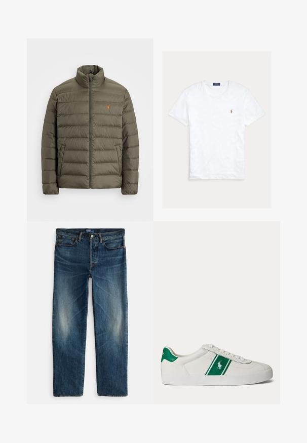 Olivgrüne Pufferjacke, Reißverschluss vorne, hoher Kragen, horizontales Steppmuster, Taschen auf der linken Seite, kleines oranges Logo auf der Brust.; Weißes T-Shirt mit Rundhalsausschnitt und kurzen Ärmeln, mit kleinem gesticktem Polo Ralph Lauren Logo auf der linken Brust und blauem Markenetikett innen am Kragen.; Indigoblaue Denim-Jeans mit geradem Bein, Fünf-Taschen-Design und subtilen Verblassungen an den Oberschenkeln. Metallknopf- und Reißverschlussverschluss.; Weißer Sneaker in Low-Top-Form mit grünem Streifen und Polo-Logo an der Seite, grünem Fersenlaschen und weißen Schnürsenkeln, von der linken Seite vor neutralem Hintergrund dargestellt.