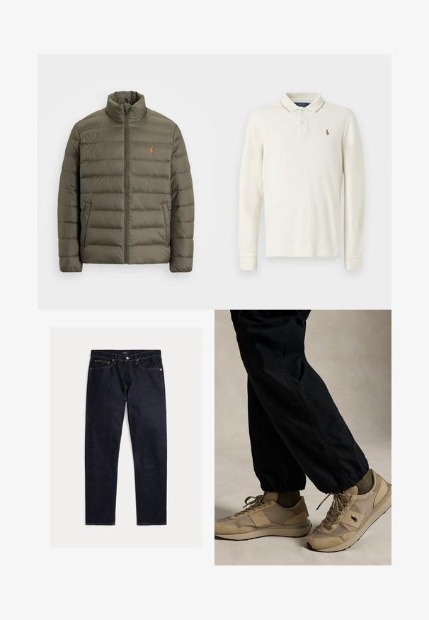 Olivegrøn pufferjakke, lynlås foran, højt krave, horisontalt quiltet mønster, lomme på venstre side, lille orange logo på brystet.; Langærmet polo-shirt i off-white bomuld, med ribbet krave, tre-knappet lukning og et lille broderet logo på brystet.; Mørk indigoblå jeans med lige ben, fem lommer, knap- og lynlås lukning samt kontrastfulde orange syninger på en ensfarvet baggrund.; Person iført beige snørestøvler med sort logo, olivengrønne sokker og sorte bukser med elastiske manchetter, stående på en neutral gulv.