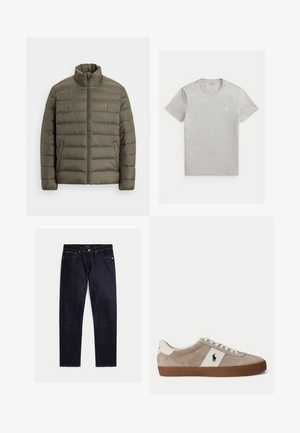 Olivgrüne Pufferjacke, Reißverschluss vorne, hoher Kragen, horizontales Steppmuster, Taschen auf der linken Seite, kleines oranges Logo auf der Brust.; Hellgraues T-Shirt mit kurzen Ärmeln und Rundhalsausschnitt mit kleinem weißem Polo Ralph Lauren Pferdelogo auf der linken Brust.; Dunkel indigoblaue Jeans mit geradem Bein, fünf Taschen, Knopf- und Reißverschluss und kontrastierenden orangen Nähten auf einfarbigem Hintergrund.; Beiger Wildleder-Sneaker mit niedrigem Schaft, weißen Schnürsenkeln, weißem Lederakzent mit schwarzem Pferdelogo und brauner Gummisohle.