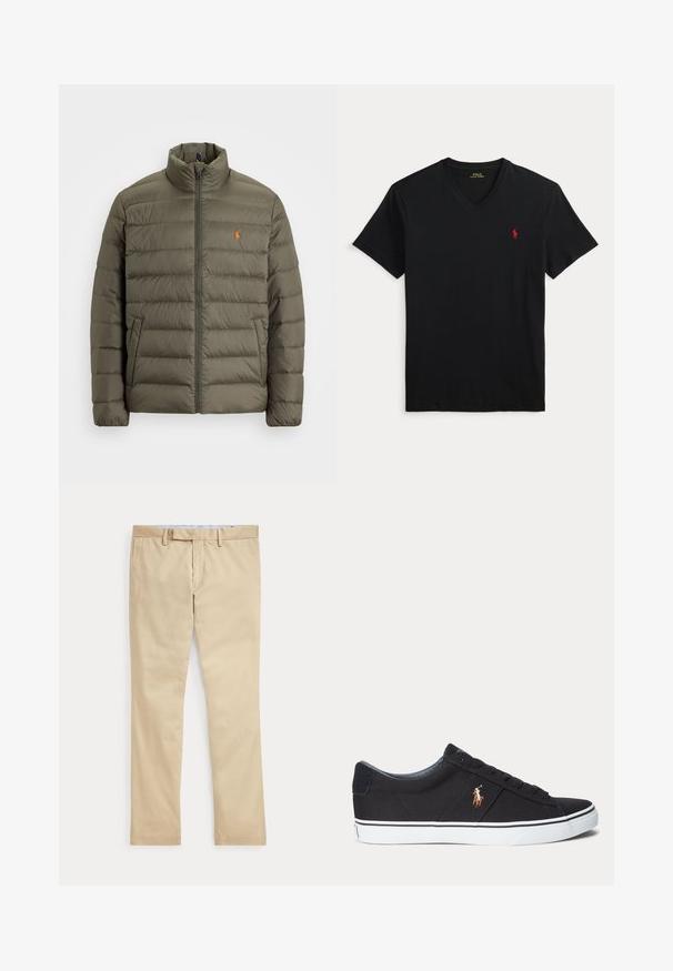 Olivegrøn pufferjakke, lynlås foran, højt krave, horisontalt quiltet mønster, lomme på venstre side, lille orange logo på brystet.; Sort V-hals T-shirt med korte ærmer og et lille rødt Polo Ralph Lauren-logo på venstre bryst.; Beige bukser med lige ben, bæltestropper og frontlynlås, lagt fladt mod en hvid baggrund.; Sort lav sneakersko med hvid sål og broderet polo spiller logo på siden, med snørebånd og tekstureret stofoverdel.