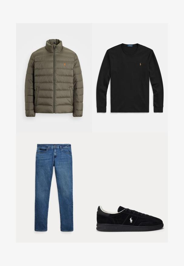 Olivgrüne Pufferjacke, Reißverschluss vorne, hoher Kragen, horizontales Steppmuster, Taschen auf der linken Seite, kleines oranges Logo auf der Brust.; Schwarzes langärmeliges T-Shirt aus weicher Baumwolle, mit Rundhalsausschnitt und kleinem, farblich akzentuiertem gesticktem Logo auf der Brust.; Blaue Jeans aus Denim mit schmalem Schnitt, ausgestattet mit vorderen Taschen, Gürtelschlaufen und einem Knopfverschluss vor weißem Hintergrund.; Schwarzer Sneaker mit niedrigem Schnitt, schwarzen Schnürsenkeln, weißem Innenfutter und weißem Polo Ralph Lauren-Logo an der Seite und an der Ferse.