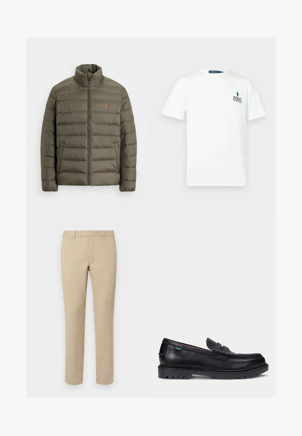 Olivgrüne Pufferjacke, Reißverschluss vorne, hoher Kragen, horizontales Steppmuster, Taschen auf der linken Seite, kleines oranges Logo auf der Brust.; Weißes Baumwoll-T-Shirt mit Rundhalsausschnitt, kurzen Ärmeln und einem blauen "POLO Ralph Lauren"-Logo auf der linken Brust.; Beige Baumwollhosen mit geradem Schnitt, ausgestattet mit Gürtelschlaufen, einer flachen Vorderseite und maßgeschneiderten Säumen. Glatte Textur und minimale Details.; Schwarzer Lederloafer mit dicker Profilsohle und kleinem grünen "Polo"-Etikett an der Außenseite nahe der Ferse.