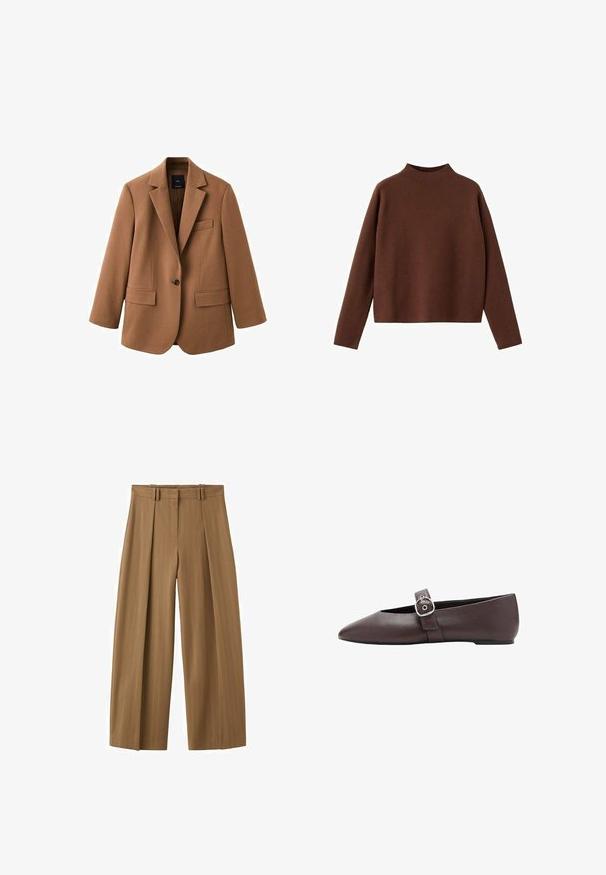 Blazer marron ajusté avec des revers en notch, fermeture à un bouton, deux poches avant et une silhouette élégante et structurée.; Pull en laine marron à manches longues avec un col montant. Fabriqué en tissu doux et texturé. Présente une coupe décontractée et ample avec un design minimaliste.; Pantalon marron taille haute à jambes larges avec fines rayures, plis sur le devant, passants pour ceinture et fermeture éclair dissimulée sur le devant.; Chaussure plate marron à bout pointu avec une bride à boucle argentée sur le dessus du pied, texture en cuir lisse et talon bas.
