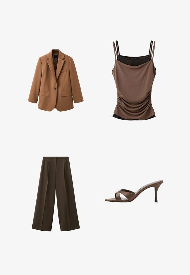 Blazer marron ajusté avec des revers en notch, fermeture à un bouton, deux poches avant et une silhouette élégante et structurée.; Débardeur marron froncé superposé à un débardeur noir, tous deux avec de fines bretelles doubles, présenté à plat sur un fond blanc.; Pantalon à jambes larges en tissu marron foncé, avec plis à l'avant et texture lisse. Pas de poches visibles ni d'ornements.; Mule marron à bout ouvert avec brides croisées et talon haut fin, présentée sur fond blanc.