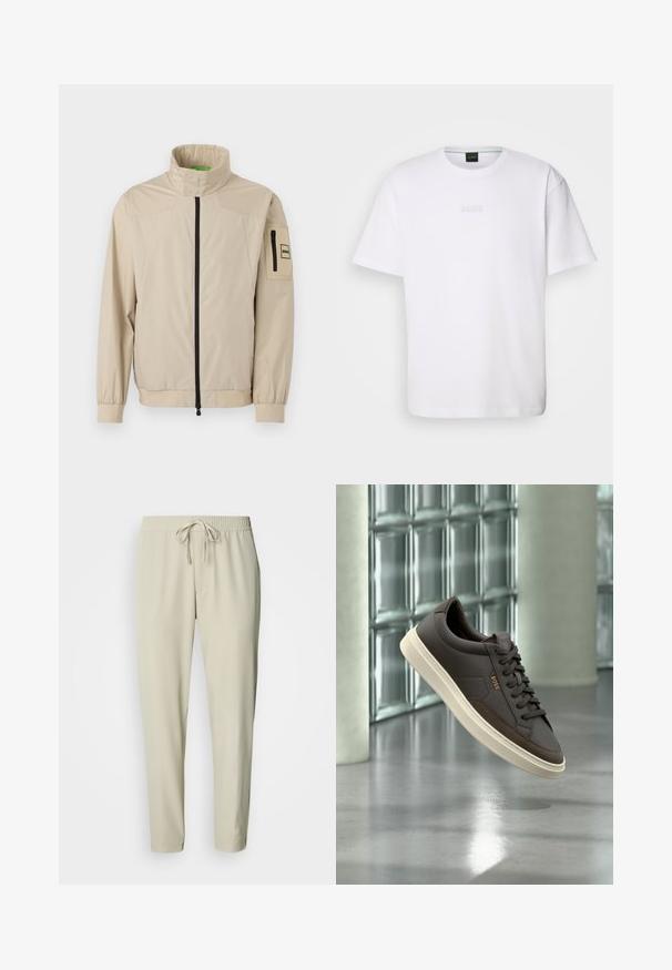 Veste légère beige avec col montant, fermeture éclair noire à l'avant, poignets élastiques, et poche zippée sur la manche gauche avec écusson logo.; T-shirt en coton blanc à manches courtes, col rond, avec un logo « BOSS » en relief sur la poitrine. Texture lisse, coupe standard.; Pantalon beige fuselé avec une taille élastique et un cordon de serrage. Tissu lisse avec poches latérales et coupe décontractée, se resserrant aux chevilles.; Baskets en cuir marron avec semelle blanche et lacets blancs, marquées "BOSS", présentées flottant à l’intérieur près d’un mur en blocs de verre et d’un sol lisse.
