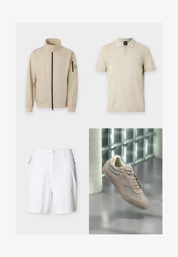 Veste légère beige avec col montant, fermeture éclair noire à l'avant, poignets élastiques, et poche zippée sur la manche gauche avec écusson logo.; Polo beige à manches courtes avec deux boutons, panneaux latéraux texturés et logo BOSS subtilement embossé sur la poitrine gauche.; Shorts blancs ajustés avec passants pour ceinture, fermeture avant par bouton et fermeture éclair, poches latérales zippées sur fond uni.; Baskets en suède rose clair et mesh avec un système de laçage, bout arrondi et accents beiges ; présentées sur un fond minimaliste.