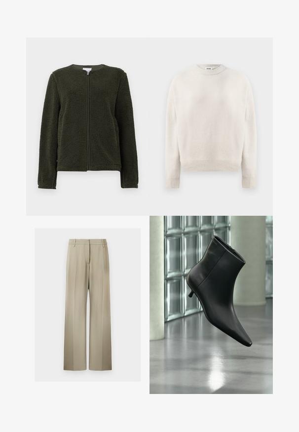 Veste en polaire vert foncé avec des manches longues, un col rond et une fermeture éclair à l'avant, présentée sur un fond blanc.; Pull en maille de couleur crème avec des manches longues, bords-côtes aux poignets et à l'ourlet, et col rond, étiqueté "DRYKORN" à l'intérieur du col.; Pantalons à jambes larges en tissu beige doux, avec un devant plat, des passants de ceinture et une texture lisse. Taille standard sans motifs visibles.; Bottine en cuir noir à bout pointu et petit talon kitten, présentée en angle devant un sol poli et un mur en blocs de verre.