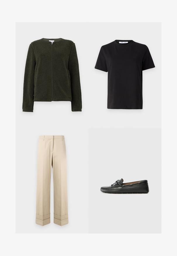 Veste en polaire vert foncé avec des manches longues, un col rond et une fermeture éclair à l'avant, présentée sur un fond blanc.; T-shirt noir à manches courtes en coton doux, avec un col rond, une coupe décontractée et une texture lisse. Pas de motifs ni de graphiques visibles.; Pantalons beige avec une coupe droite, dotés d'un double revers au bas et d'un design à plat à l'avant. Fabriqués en tissu lisse et durable.; Bateau en cuir noir avec un bout arrondi, des détails de couture, un petit accent en nœud et une semelle en caoutchouc. Texture lisse et design épuré.