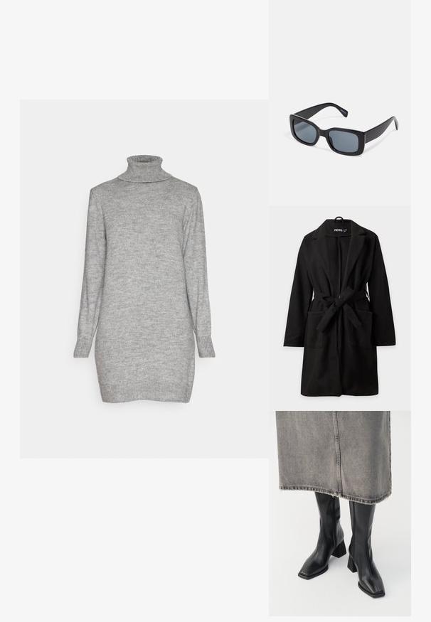 Schwarzer knielanger Mantel mit langen Ärmeln, breitem Revers, zwei Fronttaschen und einem gebundenen Stoffgürtel in der Taille.; JDY JDYLIBBYROLL NECK DRESS - Strickkleid - medium grey melange; Schwarze knielange Stiefel aus glattem Leder mit quadrater Zehenpartie und Blockabsatz. Getragen mit einem grauen Jeansrock mit ausgefranstem Saum.; Schwarze rechteckige Sonnenbrille mit dunkel getönten Gläsern, dickem Kunstrahmen und breiten Bügeln. Glatte Oberfläche und kantiges Design.