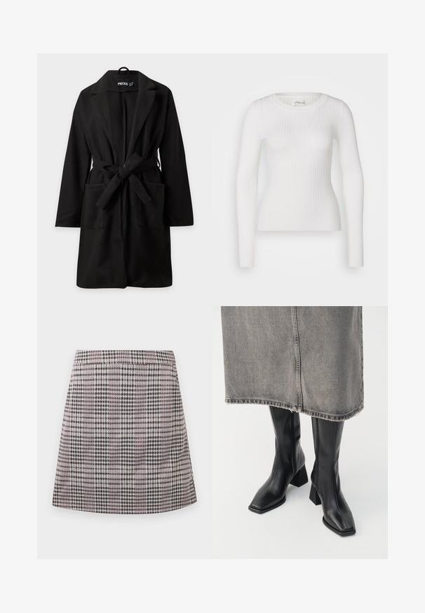 Sort knælang frakke med lange ærmer, brede revers, to forlommer og et stofbånd bundet i taljen.; Hvid langærmet ribbet top med en rund halsudskæring. Stoffet er glat og har en subtil tekstur samt en tætsiddende design. Ingen synlige detaljer eller mønstre.; Rutet mini-skørt i nuancer af lilla, sort og hvid, med elastisk talje og lige skæring samt en glat overflade.; Sorte knæhøje støvler i glat læder med firkantet tå og blokeret hæl. Båret med en grå denimnederdel med flosset kant.