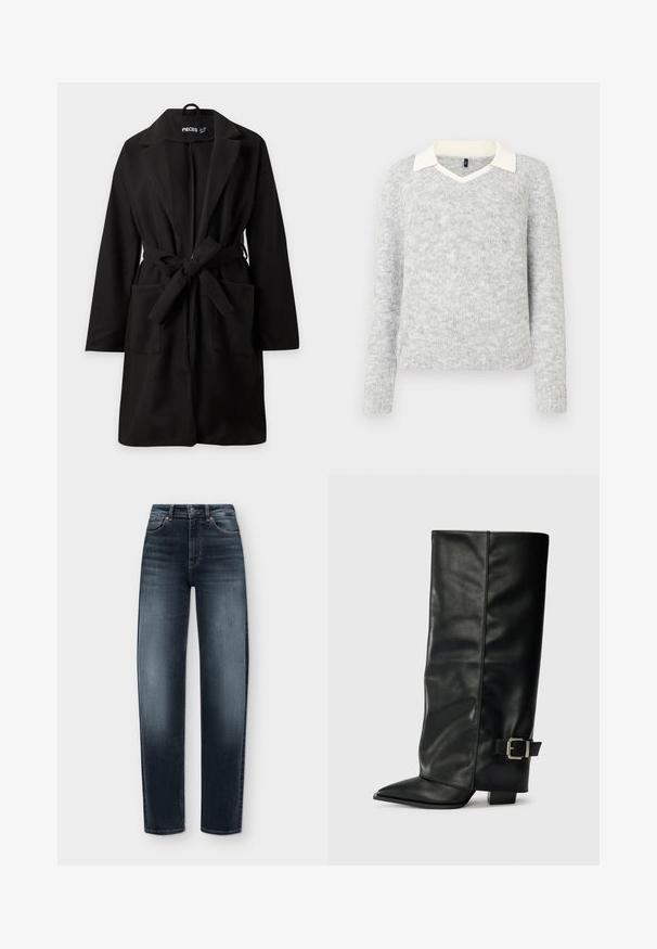 Manteau noir mi-longueur genou avec manches longues, larges revers, deux poches avant et une ceinture en tissu nouée à la taille.; Pull en tricot gris clair à manches longues avec détails d'un col V blanc, ourlets et poignets côtelés, présenté sur un fond blanc.; Jean droit taille haute bleu foncé avec effet délavé à l'avant et design classique à cinq poches sur un fond clair.; Bottes noires en cuir longueur cheville avec un bout pointu, texture lisse et une accent en boucle argentée sur le côté. Talon carré épais.