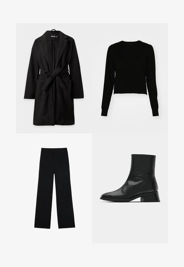 Manteau noir mi-longueur genou avec manches longues, larges revers, deux poches avant et une ceinture en tissu nouée à la taille.; Pull noir court avec manches longues, texture côtelée et encolure ronde. L'ourlet est légèrement inégal, ce qui renforce son allure contemporaine.; Pantalons noirs à jambes larges en tissu lisse, dotés d'une fermeture à bouton à l'avant et de deux plis pour un détail supplémentaire. Design ajusté dans l'ensemble.; Bottine noire en cuir brillant, au design épuré, avec un bout pointu et un petit talon bloc pour plus de stabilité.