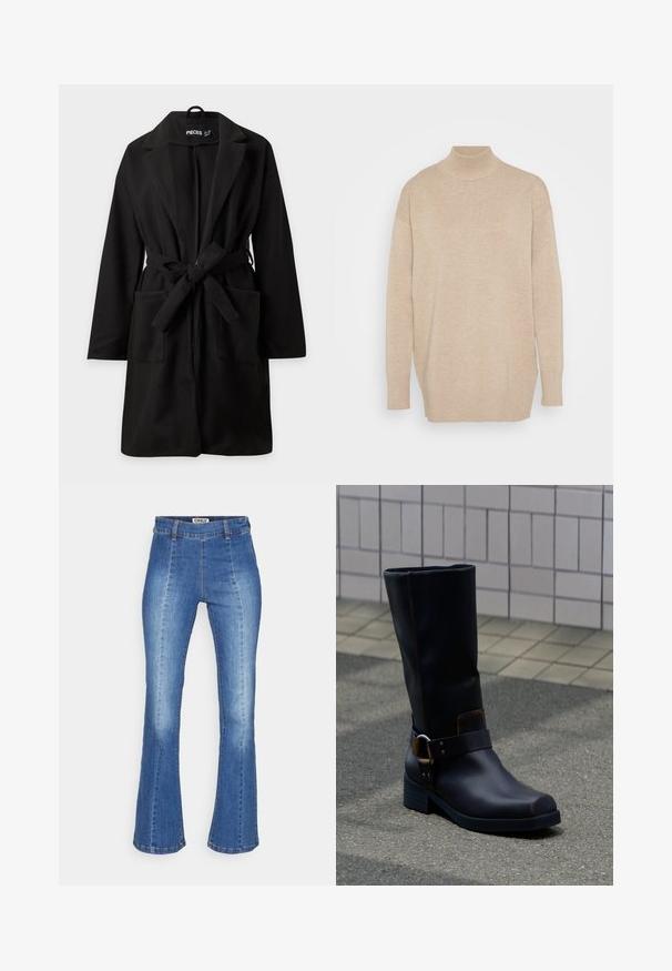Abrigo negro hasta la rodilla con mangas largas, solapas anchas, dos bolsillos delanteros y un cinturón de tela anudado en la cintura.; Suéter de cuello alto beige, textura de punto, mangas largas, corte relajado, cuello y dobladillo acanalados, diseño minimalista, sin patrones ni acentos visibles.; Jeans de mezclilla de corte acampanado en un tono azul claro, con una cintura alta, dos bolsillos frontales y un sutil desvanecimiento para añadir textura. La costura es visible.; Bota de cuero negra a media pantorrilla con tacón bajo y una correa decorativa con hebilla metálica, apoyada sobre una superficie pavimentada gris cerca de una pared alicatada.