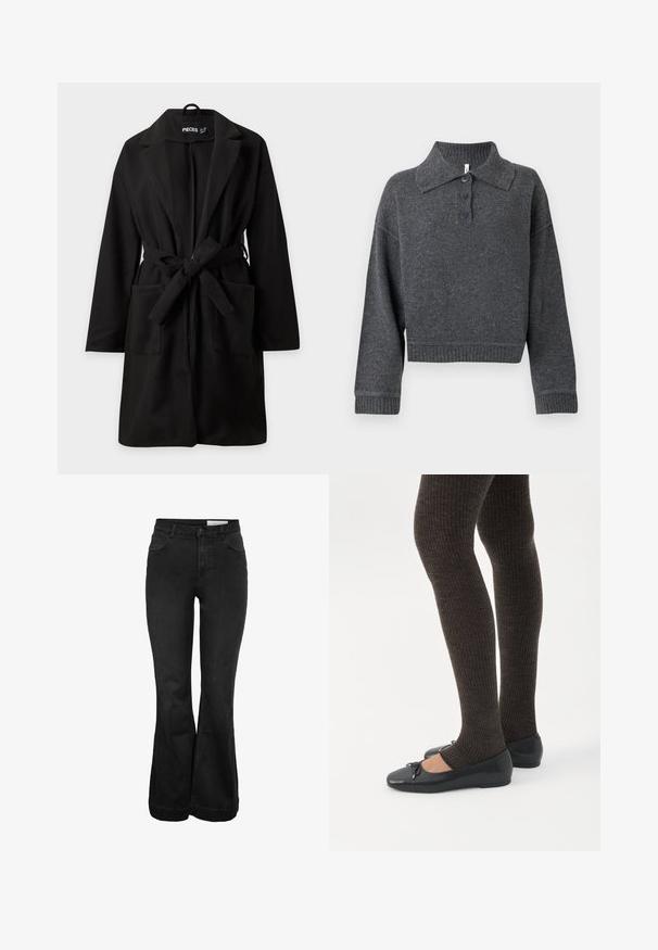 Zwarte mantel tot op de knie met lange mouwen, brede revers, twee voorzakken en een geknoopte stoffen riem in de taille.; Donkergrijze gebreide trui met een kraag, drie knopen en geribde manchetten en onderrand. Heeft een cropped silhouet en een zachte textuur.; Zwarte, high-waist flared jeans met knoop- en ritssluiting, voorzakken en muntzakje, en riemlussen.; Benen met donkere geribbelde leggings gecombineerd met zwarte ballerina's met kleine strikdetails op een witte achtergrond.