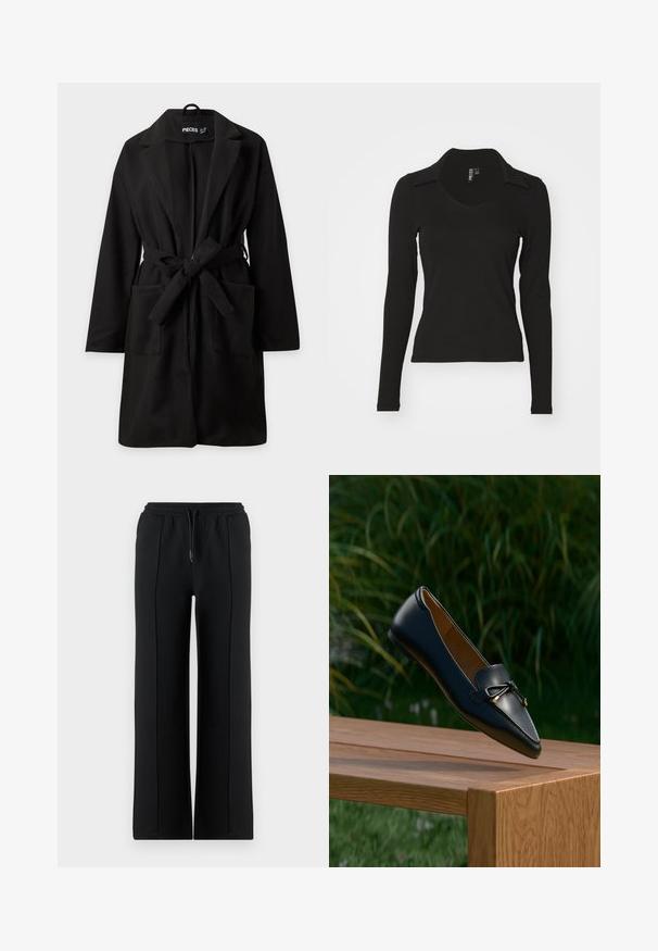 Zwarte mantel tot op de knie met lange mouwen, brede revers, twee voorzakken en een geknoopte stoffen riem in de taille.; Zwarte langemouwtop met een v-hals en kraag, gemaakt van ribbelstof. Pasvormdesign, geen patronen of accenten zichtbaar.; Zwarte sweatpants met brede pijpen, een elastische tailleband en een trekkoord. Gemaakt van zacht katoen, met vooraan naden voor extra detail.; Zwarte leren loafer met een strikdetail die boven een houten bankje zweeft, met groen gras en planten op de achtergrond.