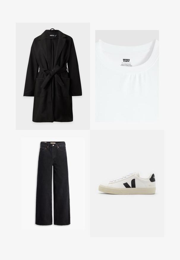 Sort knælang frakke med lange ærmer, brede revers, to forlommer og et stofbånd bundet i taljen.; Hvid t-shirt med rund hals og Levi's mærke syet ind i kraven, lavet i Bangladesh.; Sorte brede benjeans lavet af denim, med fem lommer, kobbernitter og en klassisk knaplukning. Glat tekstur med et rent design.; Hvide lædersneakers med sort gummiv V-logo. Tekstureret off-white sål, hvide snørebånd og bagside med brandnavn i sort.