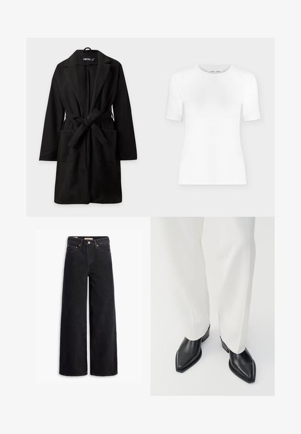 Sort knælang frakke med lange ærmer, brede revers, to forlommer og et stofbånd bundet i taljen.; Hvid T-shirt med rund hals, korte ærmer, slank pasform og ribbet stofstruktur, vist på en ensfarvet lys grå baggrund.; Sorte brede benjeans lavet af denim, med fem lommer, kobbernitter og en klassisk knaplukning. Glat tekstur med et rent design.; Sorte spidse ankelstøvler med en glat læderoverflade, lave blokhæle, og parret med hvide brede bukser. Enkel og moderne design.