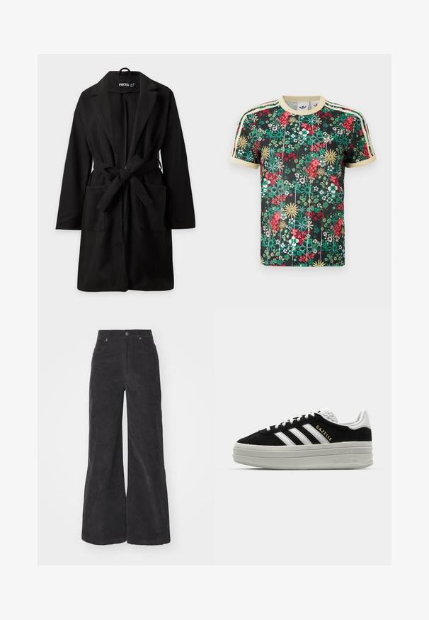 Abrigo negro hasta la rodilla con mangas largas, solapas anchas, dos bolsillos delanteros y un cinturón de tela anudado en la cintura.; Camiseta negra de manga corta de Adidas con un colorido patrón floral, cuello beige, puños de las mangas beige y tres rayas beige en los hombros.; Pantalones de pana anchos en negro con cintura alta, bolsillos delanteros y cierre de botón. La tela presenta una superficie suave y texturizada.; Zapatillas negras de ante con detalles en cuero blanco, tres rayas blancas, cordones planos y una gruesa suela de plataforma gris. Marca "Gazelle" en dorado.