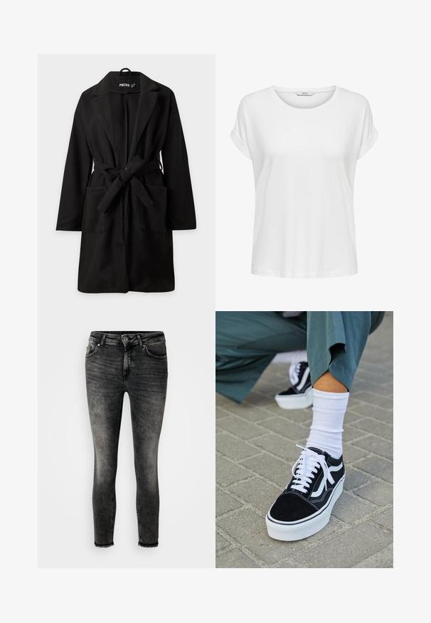 Sort knælang frakke med lange ærmer, brede revers, to forlommer og et stofbånd bundet i taljen.; Hvid kortærmet t-shirt lavet af blød bomuld. Har en rund halsudskæring og rullede ærmer. Enkel design uden mønstre eller accenter.; Slim-fit jeans i en falmet sort vask, med fem lommer, lynlås og rå kant. Lavet af denim med en glat tekstur.; Sorte ruskinds sneakers med hvide accenter og snørebånd, der har en tyk hvid sål og kontrasterende syninger, parret med en hvid sok.
