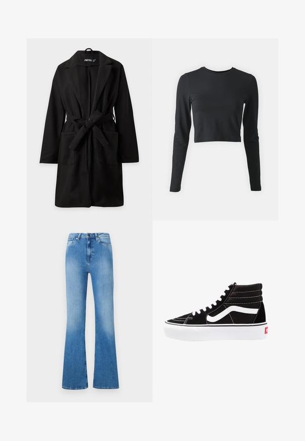 Schwarzer knielanger Mantel mit langen Ärmeln, breitem Revers, zwei Fronttaschen und einem gebundenen Stoffgürtel in der Taille.; Schwarzes, cropped Langarmshirt aus weichem, elastischem Material. Es hat einen runden Ausschnitt und enganliegende Ärmel, in einfarbigem Design ohne Muster.; Hellblaue Schlagjeans aus Denim. Mit klassischem Fünf-Taschen-Design, Knopfverschluss und einem ausgebleichten Finish an der Unterseite.; Schwarze High-Top-Sneaker mit weißen Schnürsenkeln, einem weißen Logo und kontrastierendem weißen Nähten. Verfügt über eine dicke weiße Sohle und ein strukturiertes Wildleder-Obermaterial.