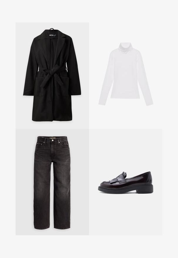 Abrigo negro hasta la rodilla con mangas largas, solapas anchas, dos bolsillos delanteros y un cinturón de tela anudado en la cintura.; Top blanco de manga larga y cuello alto, confeccionado en una tela suave y elástica. Presenta un diseño ajustado, sin patrones o adornos visibles.; Levi's® BAGGY DAD - Vaqueros baggy - shrink up; Mocasín de cuero burdeos oscuro brillante con detalle de tira con flecos, suela negra y tacón bajo en bloque, mostrado de perfil sobre un fondo claro.