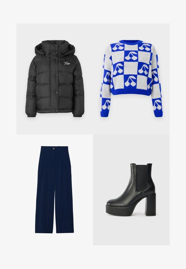 Doudoune noire avec capuche, design matelassé, boutons-pression et poches latérales. Logo "Gap" en blanc sur la poitrine.; Pull en tricot à carreaux bleus et blancs avec des motifs de cerises sur chaque carré, doté de manches longues et d'un col rond.; Pantalons larges bleu marine en matériau doux, avec des plis avant, une fermeture à bouton et deux poches latérales.; Bottine noire en cuir avec un talon large, panneaux élastiques sur les côtés et une texture lisse. Dispose d'une semelle plateforme pour plus de hauteur.