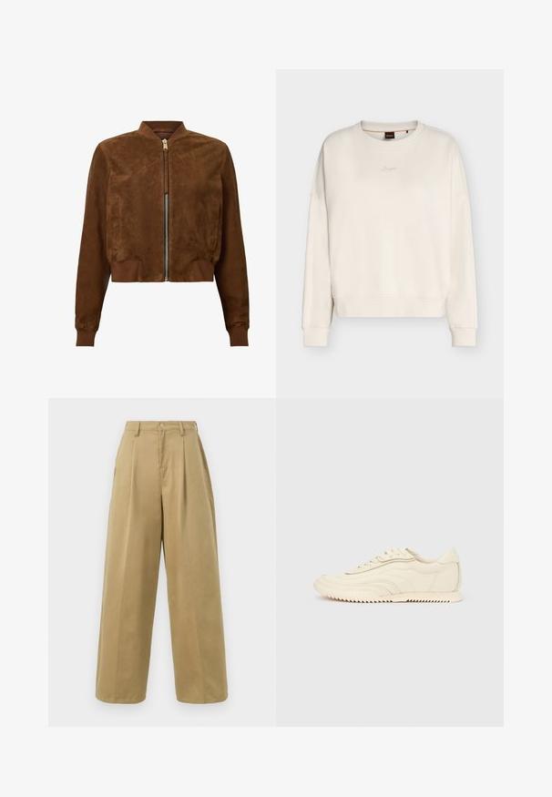 Brun ruskinds bomberjakke med lynlås foran, ribbestrikket krave og manchetter samt sidelommer; kort pasform og glat tekstur.; Off-white crewneck sweatshirt med lange ærmer, ribkantede ærmer og kant samt lille broderet logo midt på brystet.; Khaki viddebenede bukser lavet af bomuldsblandingsstof, med flad front og læg, knaplukning og en glat overflade.; Lavprofileret sneaker i cremefarve med bølget syning, snørebånd og en rilleret sål, vist fra siden på en ensfarvet baggrund.
