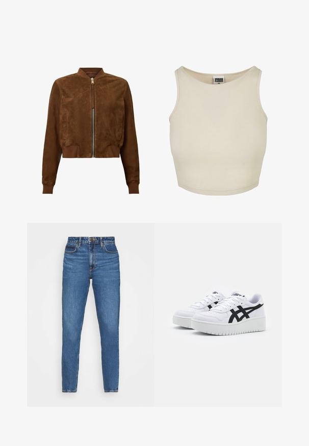Brun ruskinds bomberjakke med lynlås foran, ribbestrikket krave og manchetter samt sidelommer; kort pasform og glat tekstur.; Beige ribbet crop top med rund halsudskæring og ærmeløs design. Har en ensfarvet tekstur og en diskret mærkeetiket inde i halsen.; Blå denim jeans med slim fit, der har en høj talje, fem-lomme design og subtil falming i hele stoffet. Klassiske syninger som accent.; Hvide sneakers med en struktureret overflade, sorte sidestrek og en tyk hvid sål. Har snørebåndsdesign og logo på tungen.