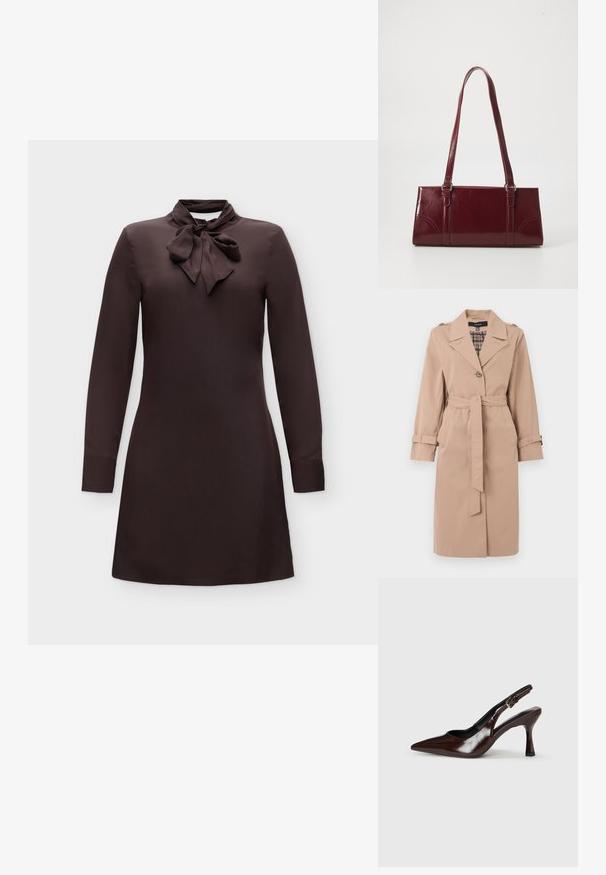 Beige knielanger Trenchcoat mit Gürtel, einfacher Knopfleiste, Schulterklappen, Ärmelriemen und karierter Innenauskleidung.; Dunkelbraunes langärmeliges Kleid mit gebundener Schleife am Kragen und einer geraden, schlichten Silhouette auf einfarbigem Hintergrund.; Braune lackleder Slingback-Absätze mit spitzem Zehen, einem dünnen Absatz und einem verstellbaren Riemen mit einer kleinen Schnalle.; Burgunderfarbene Handtasche aus glänzendem Material, rechteckige Form, mit zwei Schulterriemen und subtilen, geschwungenen Akzenten an der Vorderseite.