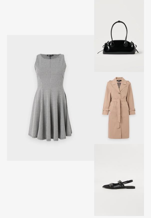 Trench coat beige de longitud a la rodilla con un cinturón, cierre de un solo botón, epaulettes en los hombros, correas en los puños y forro interior de cuadro.; Vestido sin mangas a cuadros blanco y negro con un corsé ajustado y falda acampanada, textura suave y sutiles detalles de costura.; Even&Odd by Zalando Bailarinas con tira trasera - black; Pequeño bolso negro brillante con dos asas largas y detalles de cordón lateral sobre un fondo claro liso.