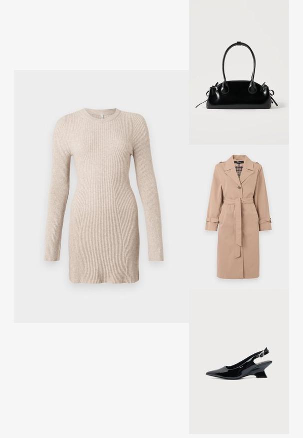 Beige knielanger Trenchcoat mit Gürtel, einfacher Knopfleiste, Schulterklappen, Ärmelriemen und karierter Innenauskleidung.; Beiges, geripptes Strickkleid mit langen Ärmeln, tailliertem Schnitt und rundem Halsausschnitt auf weißem Hintergrund.; Schwarzer Slingback-Schuh aus Lackleder mit spitzer Spitze und niedrigem, schrägem Blockabsatz auf einfachem hellem Hintergrund.; Kleine schwarze glänzende Handtasche mit zwei langen Griffen und seitlichen Kordelzug-Details vor einfachem hellem Hintergrund.