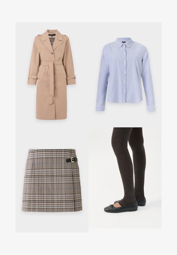 Trench-coat beige jusqu'au genou avec une ceinture, fermeture à un bouton, épaulettes aux épaules, sangles aux poignets et doublure intérieure à carreaux.; Chemise à manches longues boutonnée, avec des rayures verticales blanches et bleu clair et un col pointu, présentée sur un fond uni.; Jupe mini à carreaux en marron, beige et bleu avec un détail de boucle sur une ceinture noire. Tissu structuré avec des plis à l'avant.; Jambes portant des leggings côtelés foncés associés à des ballerines noires avec de petits détails en nœud sur fond blanc.