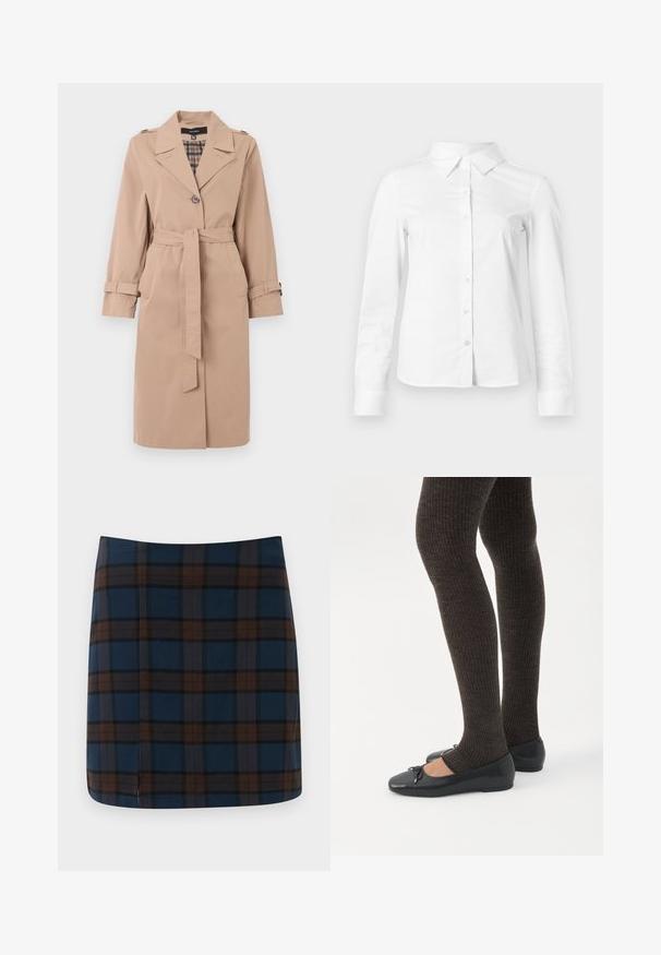 Trench coat beige de longitud a la rodilla con un cinturón, cierre de un solo botón, epaulettes en los hombros, correas en los puños y forro interior de cuadro.; Camisa blanca de manga larga con botones, cuello puntiagudo, bajo recto y silueta ajustada, presentada sobre un fondo claro y liso.; Falda mini a cuadros azul marino con líneas marrones y grises, fabricada en una tela suave, con una sutil abertura en la parte trasera para mayor comodidad al moverse.; Piernas con leggings oscuros acanalados combinados con bailarinas negras que presentan pequeños detalles de lazo sobre un fondo blanco.