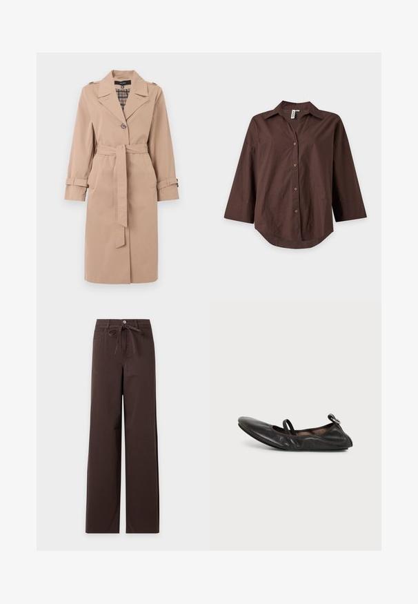 Beige knielanger Trenchcoat mit Gürtel, einfacher Knopfleiste, Schulterklappen, Ärmelriemen und karierter Innenauskleidung.; Braunes langärmeliges Hemd mit Knöpfen, Kragen, leicht lockerem Schnitt und abgerundetem Saum, dargestellt auf hellem einfarbigem Hintergrund.; Dunkelbraune Hose mit weitem Bein, vorne Knopf- und Reißverschluss, Gürtelschlaufen, Fronttaschen und einem gebundenen Stoffgürtel in der Taille.; Schwarzer Lederschuh mit flacher Sohle, abgerundeter Spitze, elastischem Riemen über dem Spann und kleinem Metalldetail in Form einer Schnalle an der Ferse.