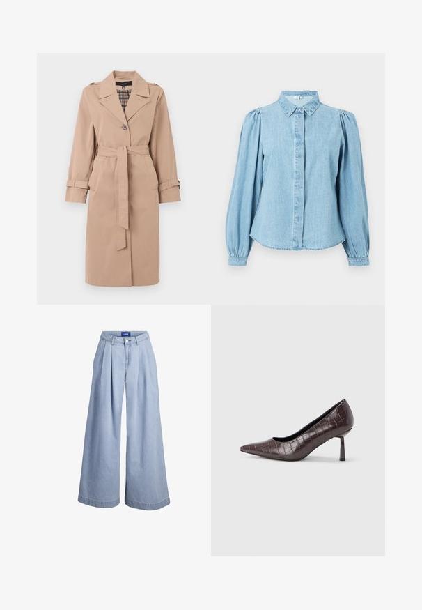 Beige knielanger Trenchcoat mit Gürtel, einfacher Knopfleiste, Schulterklappen, Ärmelriemen und karierter Innenauskleidung.; Hellblaues Jeanshemd mit spitzem Kragen, Knopfleiste und langen, ballonartigen Ärmeln. Glatte Textur mit abgerundetem Saum.; Hellblaue Jeanshose mit weitem Bein, vorderen Falten, Knopfverschluss und JJXX-Label am inneren Bund.; Braune Pumps mit spitz zulaufender Spitze aus Kunstleder in Krokodiloptik, mit schlankem, eckigem Absatz und glatter Innenfütterung.