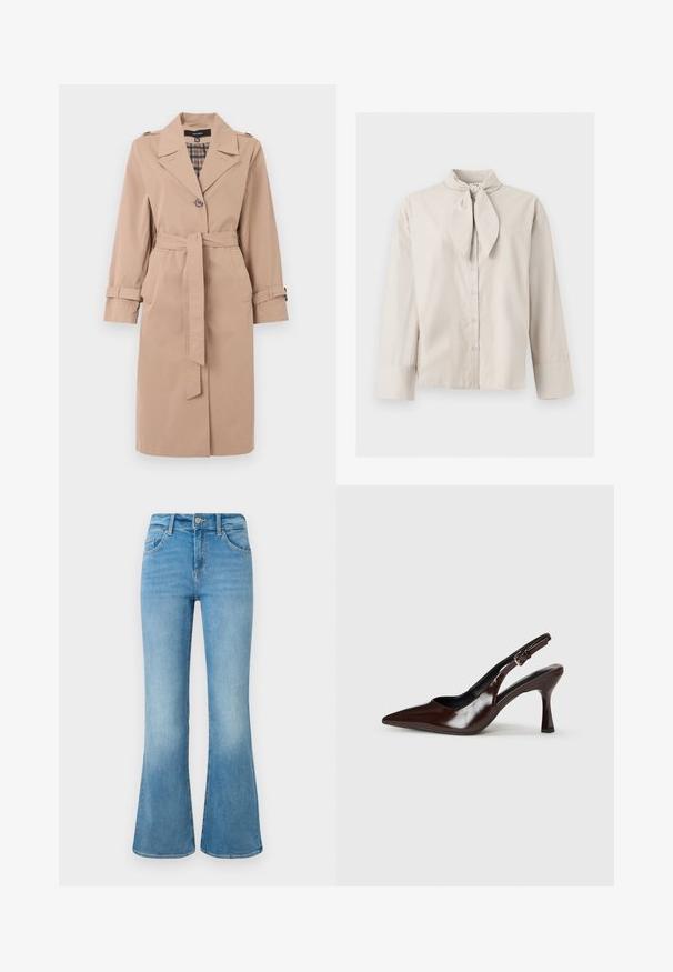 Beige knælang trenchcoat med bælte, enkelt knaplukning, skulderlapper, manchetremme og ternet inderside.; Beige langærmet knapbluse med bundet nakkedetalje og brede manchetter på ærmerne, vist på en ensartet lys baggrund.; Lyseblå denim flare jeans med forlommer, bæltestropper og knaplukning mod en hvid baggrund.; Brune patenterede læderslingback-sandaletter med spids tå, en tynd hæl og justerbar rem med en lille spænde.