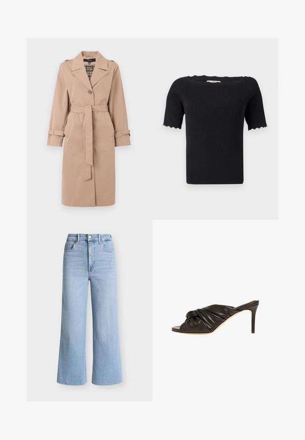 Beige knielanger Trenchcoat mit Gürtel, einfacher Knopfleiste, Schulterklappen, Ärmelriemen und karierter Innenauskleidung.; Schwarzes geripptes Kurzarm-Strickoberteil mit gewellten Säumen an den Ärmeln und weitem U-Boot-Ausschnitt.; Hellblaue Jeans mit hoher Taille und weitem Bein, mit vorderem Knopf- und Reißverschluss, Gürtelschlaufen, vorderen und hinteren Taschen und rohen Saumkanten.; Schwarzer High-Heel-Mule aus Leder mit einem geknoteten, gerafften Obermaterial und einem schlanken Stilettoabsatz, im Seitenprofil vor weißem Hintergrund gezeigt.