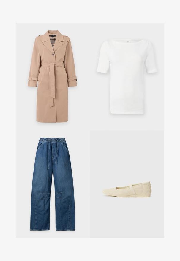 Beige knælang trenchcoat med bælte, enkelt knaplukning, skulderlapper, manchetremme og ternet inderside.; Hvid strikbluse med korte ærmer, bådformet halsudskæring, tætsiddende silhuet og blødt stof fra GAP-mærket.; Bredbenede blå denim bukser med elastisk talje og snørre, frontlommer og knæ-sømme detaljer, lagt fladt på hvid baggrund.; Lysebrune ballet flats med en glat læderoverflade, mandelformet tå og elastisk rem over vristen, med diskrete syninger.