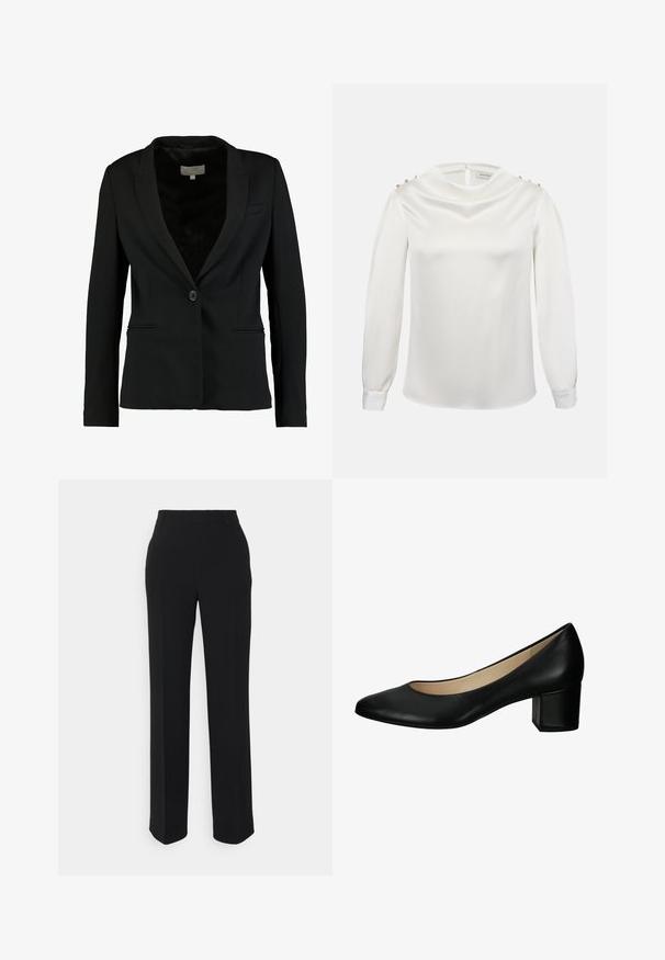 Sort blazer lavet af glat stof, med en enkelt knaplukning, slidser, og to frontlommer samt en skræddersyet pasform.; Hvid bluse med lange ærmer, høj krave og guldknapper langs skuldersømmene, lavet af tekstureret stof.; Sorte, lige bukser med en glat tekstur. Har en talje og ingen synlige mønstre eller accenter. Klassisk og skræddersyet design.; Sort læderpumpe med en rund tå, lav blokhæl og glat tekstur. Enkelt design uden synlige mønstre eller hardware.