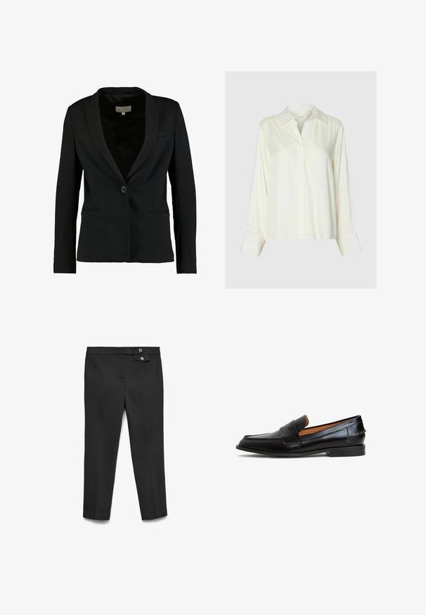 Sort blazer lavet af glat stof, med en enkelt knaplukning, slidser, og to frontlommer samt en skræddersyet pasform.; Langærmet hvid satinbluse med klassisk krave og skjult knaplukning foran, vist på en ensfarvet lysegrå baggrund.; Sorte skræddersyede bukser med høj talje, to frontlommer, cropped ben og en asymmetrisk knaplukning ved taljen.; Sorte læder loafers med et elegant design, der har en bred rem over vristen, rund tå og flad sål. Glat tekstur med minimal syning.