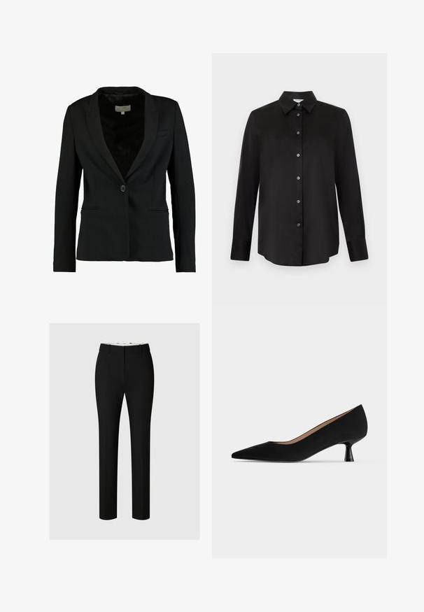 Sort blazer lavet af glat stof, med en enkelt knaplukning, slidser, og to frontlommer samt en skræddersyet pasform.; Sort langærmet skjorte med knapper og spids krave med syv knapper, vist på en lysegrå baggrund.; Sorte skræddersyede bukser lavet af glat stof, med lige ben, bæltestropper og minimal synlig syning.; Sort damesko med lav hæl, spids snude, slank, udvidet kittenhælkappe og glat mat finish set fra siden.