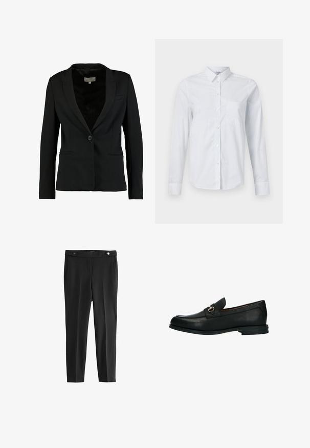 Zwarte blazer van gladde stof, met een enkele knoopsluiting, notch-kraag en twee voorzakken met een getailleerde pasvorm.; Witte longsleeve overhemd van katoen, met kraag, knoopsluiting aan de voorkant en een borstzak. Gladde textuur. Geen patronen.; Zwarte op maat gemaakte broek met een gladde textuur, voorzien van twee voorzakken en een tailleband met twee ronde zwarte knopen.; Zwarte leren instapschoen met textuurafwerking, zachte ronde neus, lage gestapelde hak en decoratieve metalen accent op de voorkant. Gladde voering aan de binnenkant.