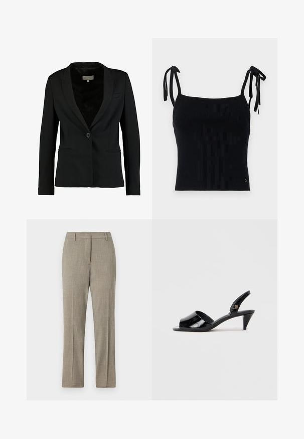 Sort blazer lavet af glat stof, med en enkelt knaplukning, slidser, og to frontlommer samt en skræddersyet pasform.; Sort ribbet crop top med justerbare snore. Glat overflade, tætsiddende design og subtil logo-detalje nederst til højre.; Lys grå skræddersyede bukser med et textured stof, lige ben-design og en klassisk talje. Har diskrete stribedetaljer.; Sorte laks slingback hæle med åben tå, der har en slank hæl og et brandet element på remmen.