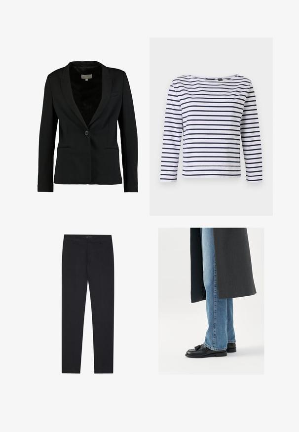Sort blazer lavet af glat stof, med en enkelt knaplukning, slidser, og to frontlommer samt en skræddersyet pasform.; Stribet langærmet top i hvid og marineblå, med en bådudskæring og en afslappet pasform. Lavet af blødt bomuldsstof med syede kanter.; Sorte slim-fit formelle bukser med bæltestropper og forlommer, designet til et skræddersyet, professionelt look.; Sorte læderloafer med kvaster, båret med lyseblå lige ben jeans, suppleres af en mørkegrå frakke. Rene linjer og struktureret stof.