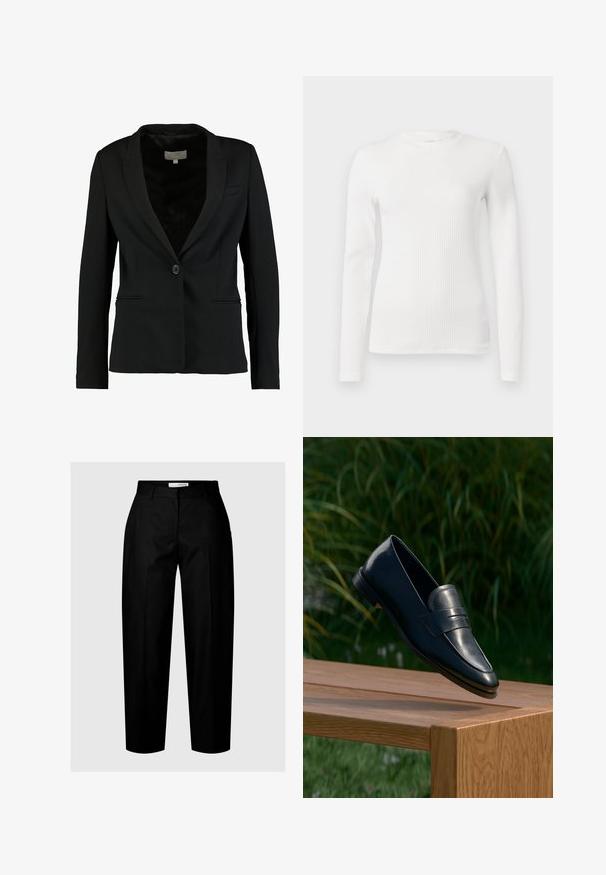 Sort blazer lavet af glat stof, med en enkelt knaplukning, slidser, og to frontlommer samt en skræddersyet pasform.; Langærmet hvid ribbet top med rund halsudskæring og tætsiddende design. Glat tekstur, minimale detaljer og strækbart stof.; Sorte skræddersyede bukser lavet af glat stof; har et lige ben design, diskrete folder og en skjult frontlukning.; Sort læderloafer balanceret på kanten af en træbænk udendørs med grøn løvbaggrund.